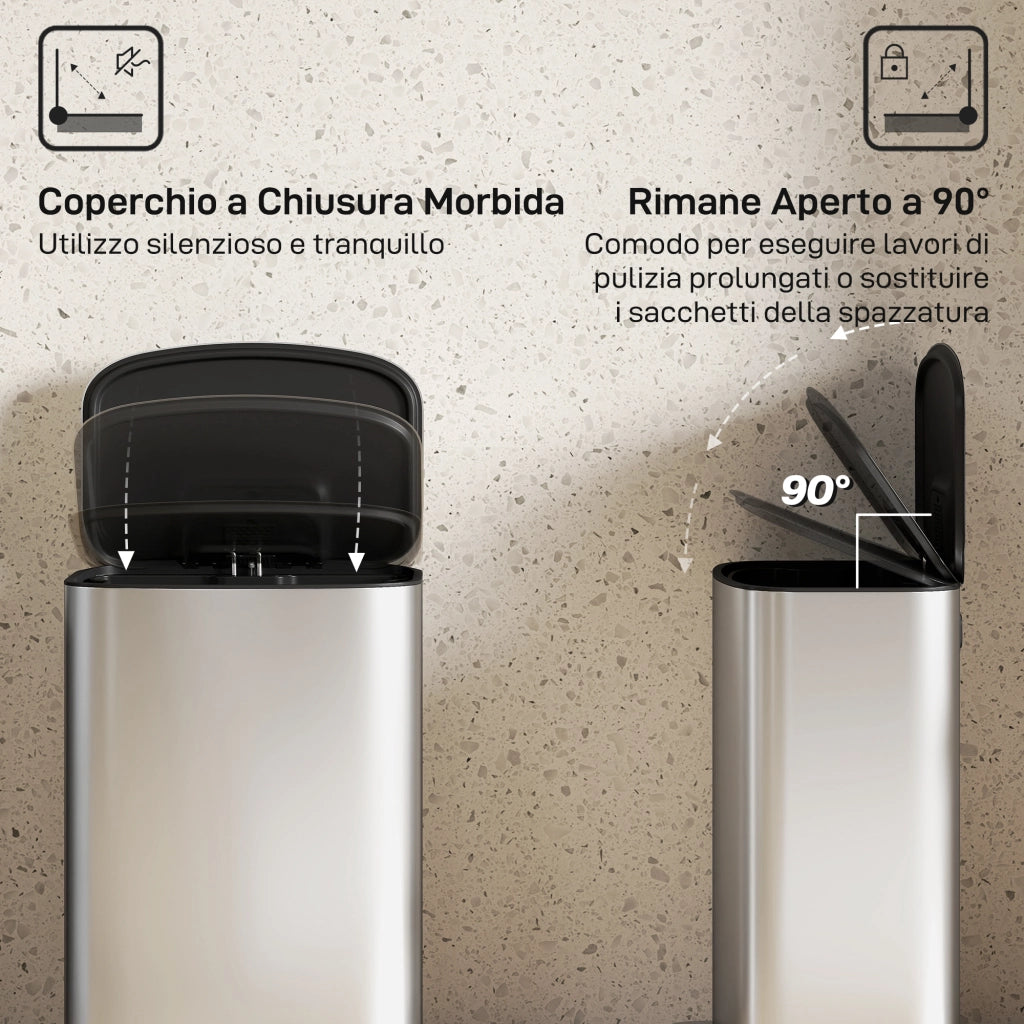 Pattumiera a Pedale da 50L con Coperchio Ammortizzato e Secchio Rimovibile in Acciaio Inox Grigio