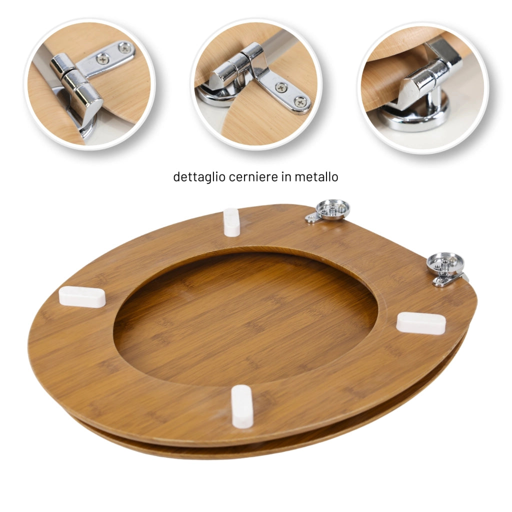Sedile copriwater tavoletta universale linea bamboo mdf legno cerniere metallo *** tinta acero scuro, confezione 1