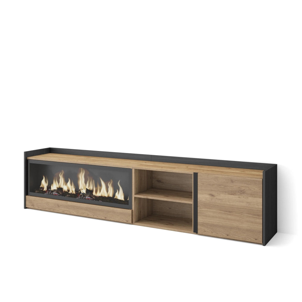 Mobile TV Soggiorno, 212x50x35 cm, Per TV fino a 80", Camino elettrico XXL, Rovere e nero