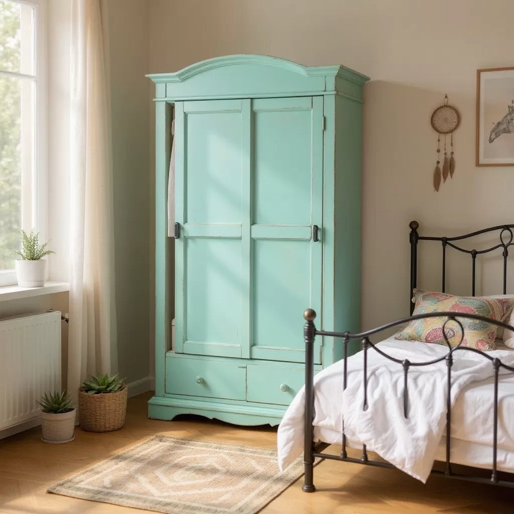 Armadio shabby 2 ante scorrevoli legno verde consumato 122x59x200 - Mobili 2G