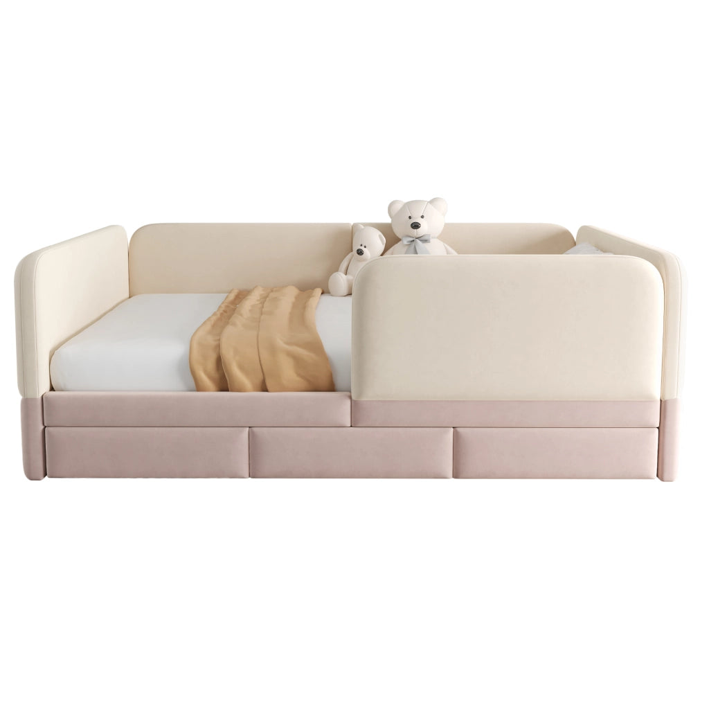 Letto imbottito per bambini 140x200 cm con parapetto perimetrale; bordi arrotondati e ampio cassetto; velluto rosa