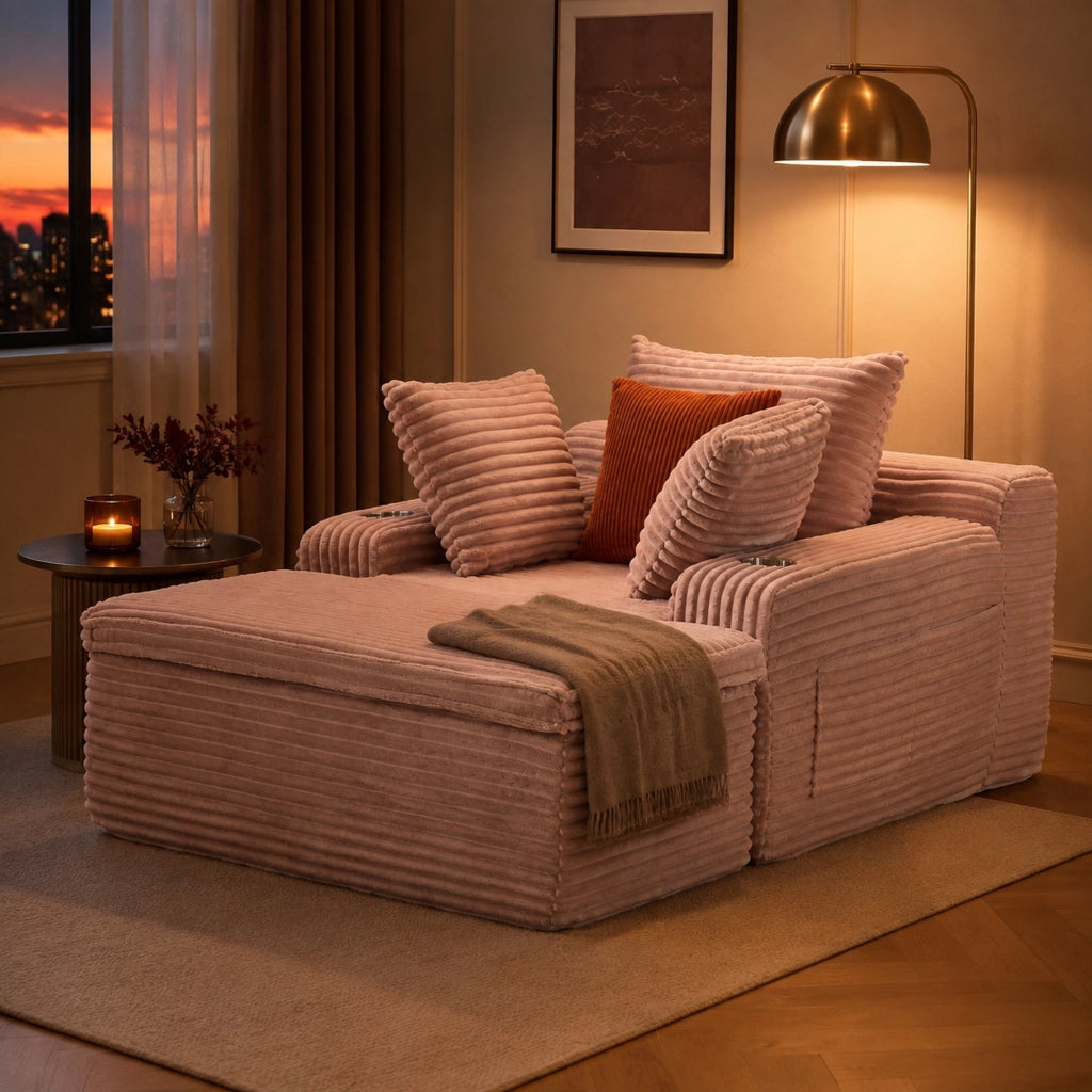 Divano da pavimento con chaise longue in velluto a coste rosa; con cuscini