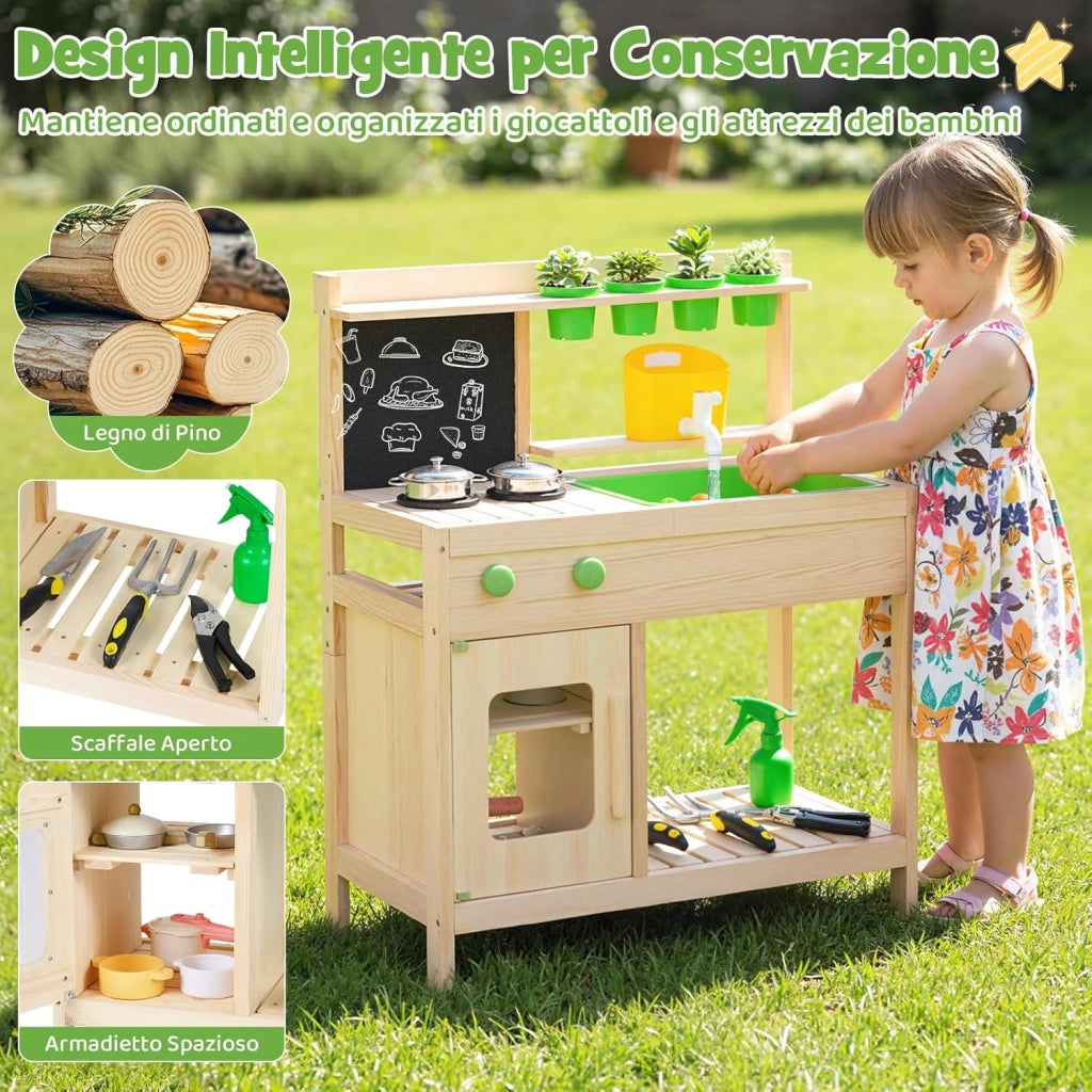 Cucina Giocattolo in Legno Massello, Cucina da Gioco con Rubinetto e Fioriera Removibile, Gioco Imitazione Fango e Giardinaggio all'Aperto, per Bambini 3+ Anni, 73 x 36 x 92 cm