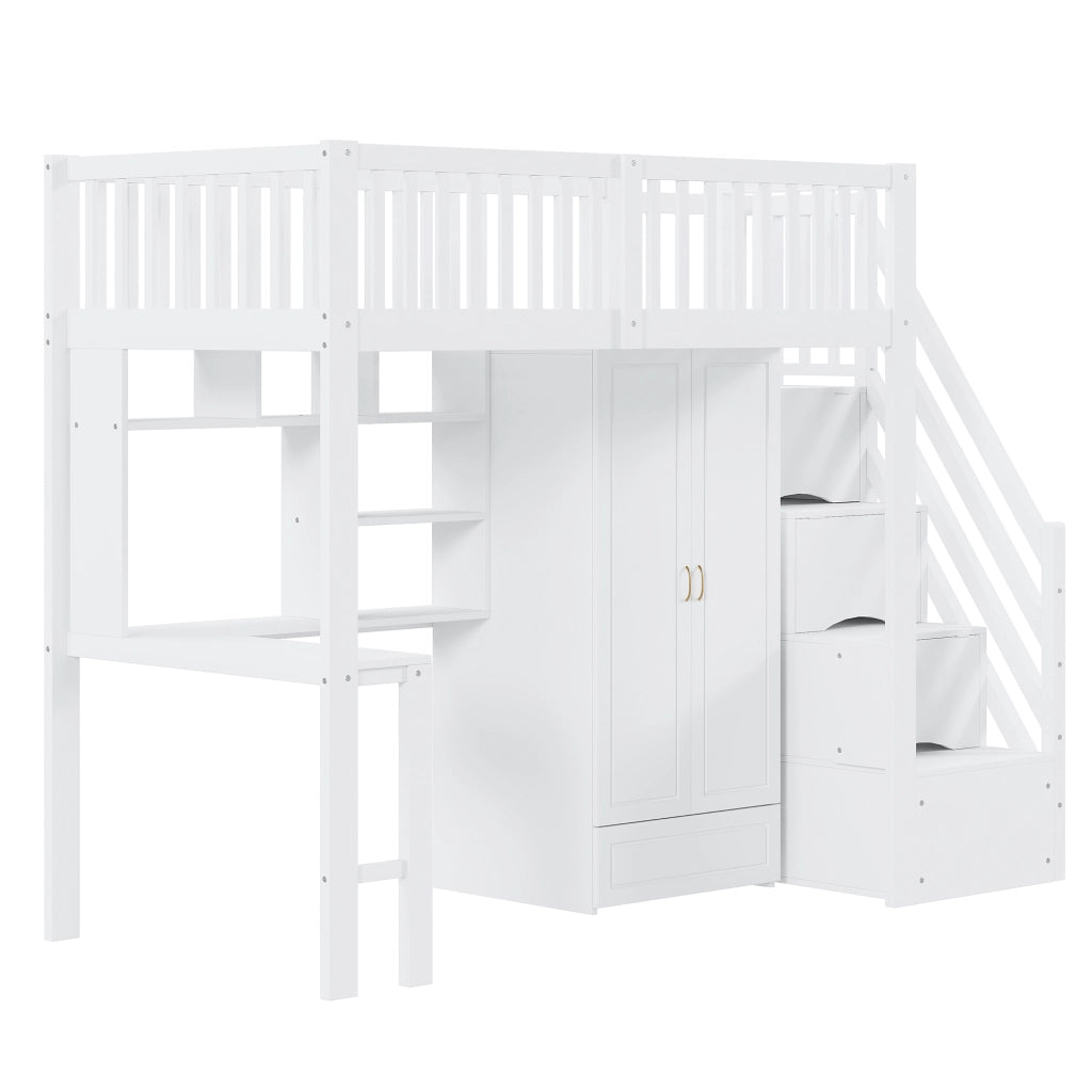 Letto a Soppalco 90 x 200 cm; Singolo con Armadio; Scrivania e Cassetti; senza Materasso; Bianco
