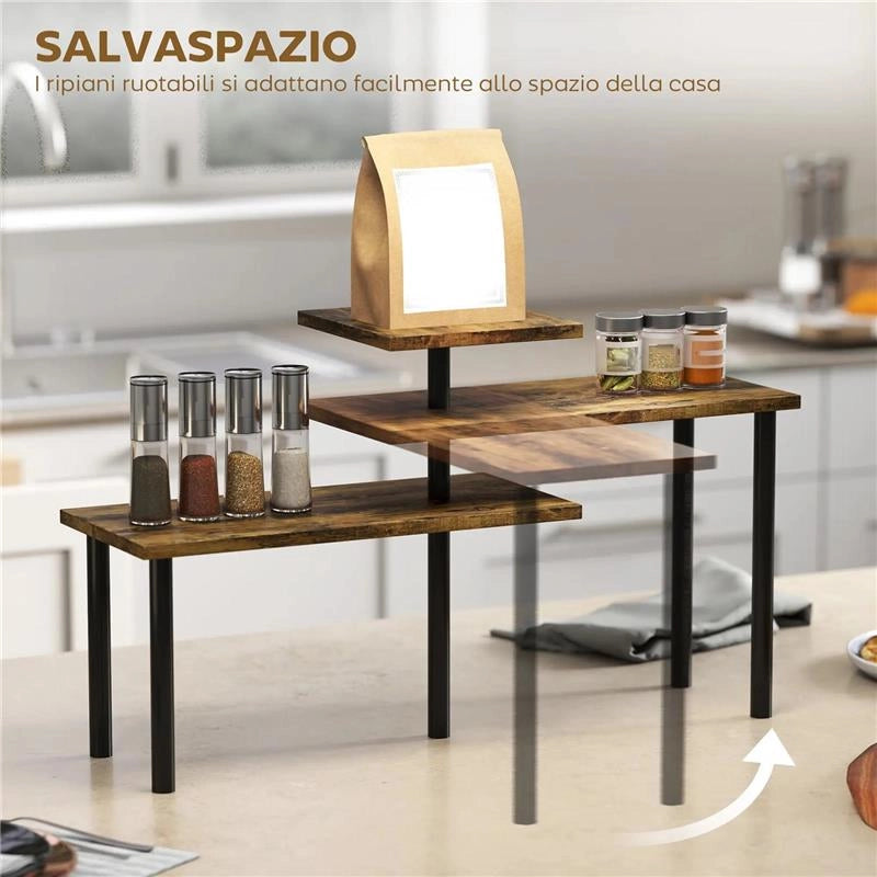 SCAFFALE CUCINA A 3 LIVELLI GIREVOLI SALVASPAZIO IN LEGNO E ACCIAIO, 40X10X36.5 CM, MARRONE RUSTICO