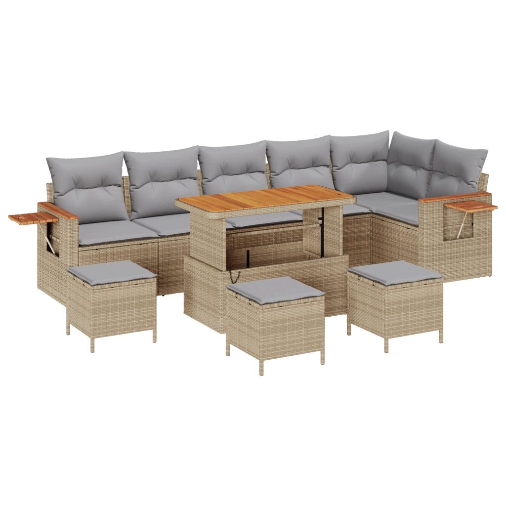 Set di divani da giardino  10 pezzi con cuscini beige in polyrattan acacia