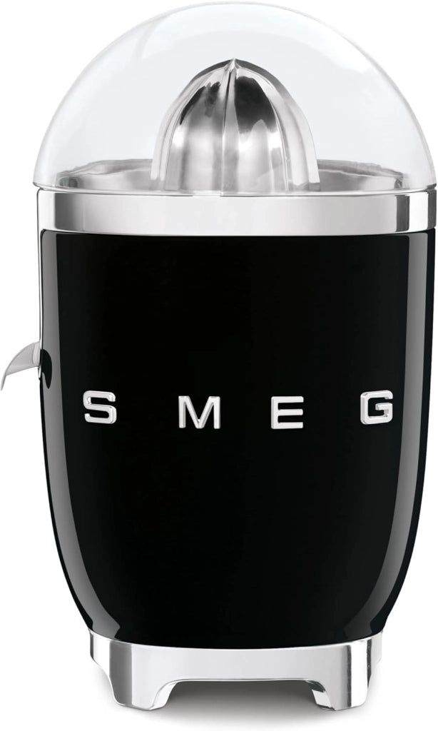 Smeg, spremiagrumi elettrico cjf11bleu, spremitura a pressione manuale, beccuccio antigoccia e cono universale, base antiscivolo, avvolgicavo integrato, 70w, nero