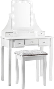 Toeletta Trucco con Specchio Girevole a 360° e 10 Luci LED, Postazione Trucco con Sgabello Imbottito, 5 Cassetti e Organizzatori, Tavolo da Trucco Moderno, 136x80x40cm (Bianco)