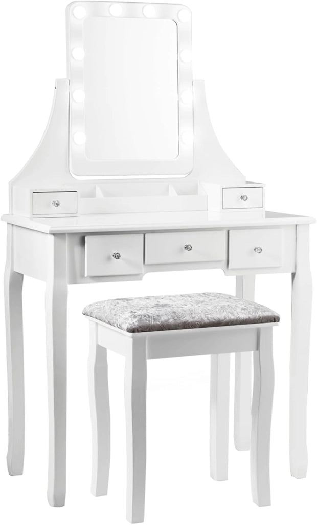 Toeletta Trucco con Specchio Girevole a 360° e 10 Luci LED, Postazione Trucco con Sgabello Imbottito, 5 Cassetti e Organizzatori, Tavolo da Trucco Moderno, 136x80x40cm (Bianco)