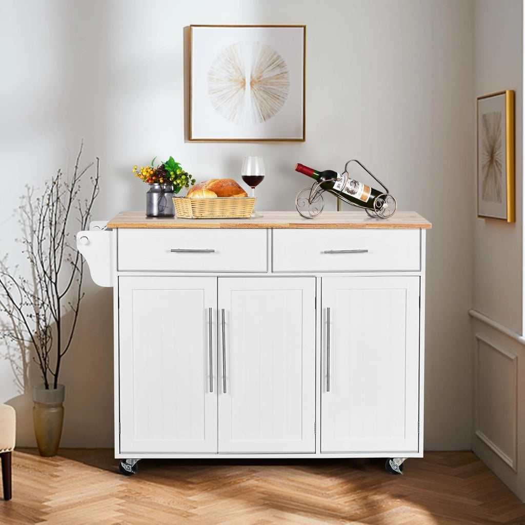 Carrello Portaoggetti con Ruote con 2 Freni, Isola Cucina in Rovere Massiccio, Mobiletto da Pranzo con Portaspezie e Portasciugamani, per Soggiorno, 111,5 x 46 x 93 cm, In 2 Pacchi (Bianco)