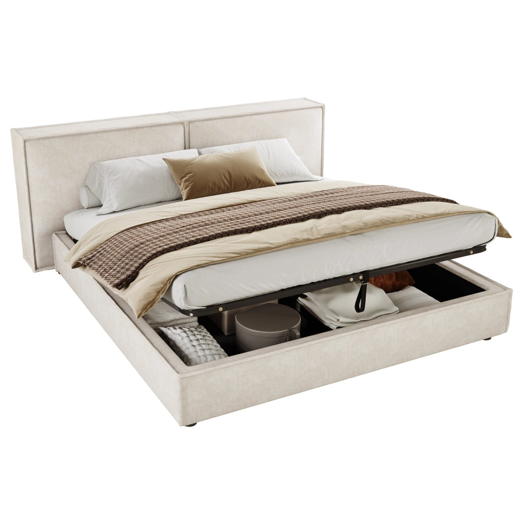 Letto imbottito con vano contenitore idraulico 216x157x97 cm in bouclé beige con rete a doghe