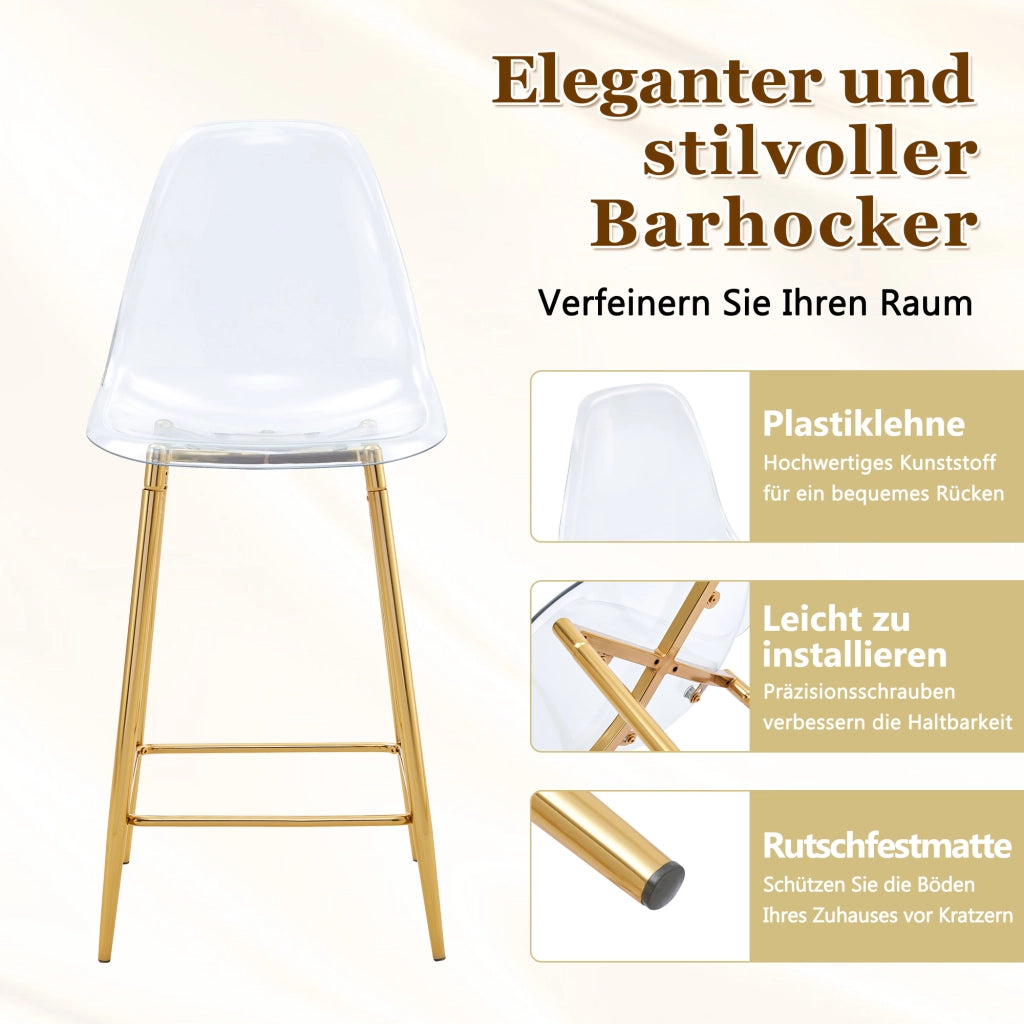 Sgabello da bar trasparente con poggiapiedi e struttura in metallo oro per cucina 68.5 × 48.0 × 47.0 cm