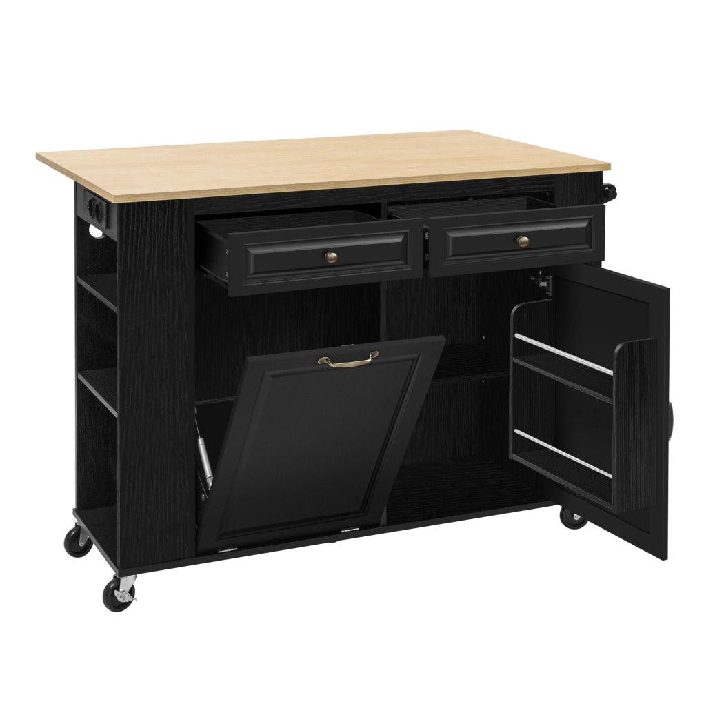 Isola cucina mobile nera 120x40-70x92 cm con prolunga, prese e vano contenitore