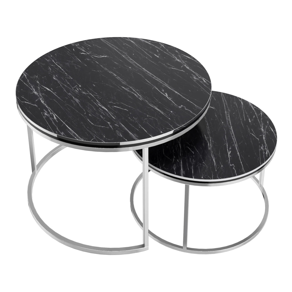 Set di 2 tavolini rotondi impilabili in marmo nero e argento 03_0008371