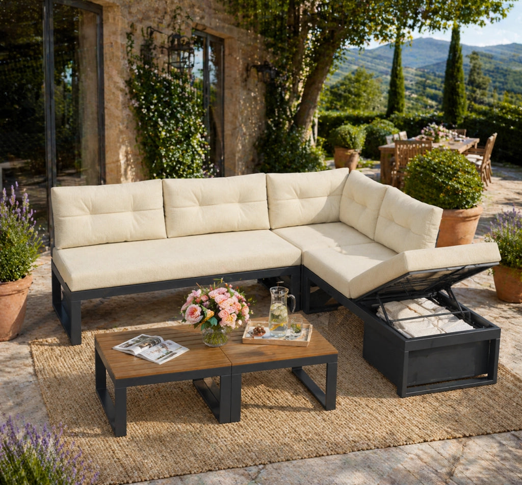 OKWISH Set mobili da giardino divano modulare con tavolino e vano contenitore in poliestere beige