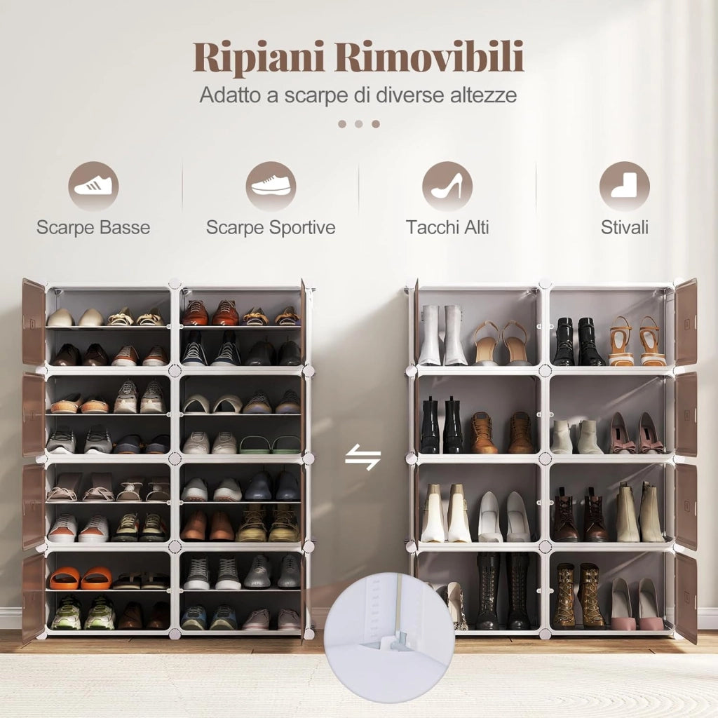 Scarpiera Salvaspazio a 8 Scomparti, Porta Scarpe da 32 Paia con Mensole Rimovibili, Ganci Laterali e Porte Magnetiche, Scatole per Scarpe Impilabile in Plastica (95×32×126 cm)