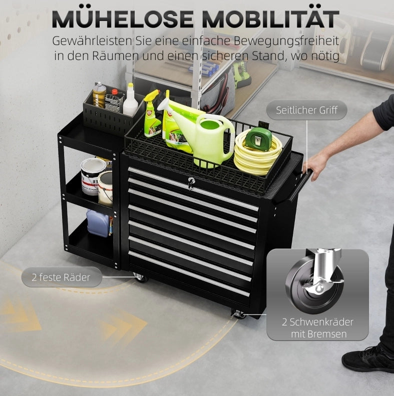 Carrello portautensili nero con 7 cassetti e ripiano removibile