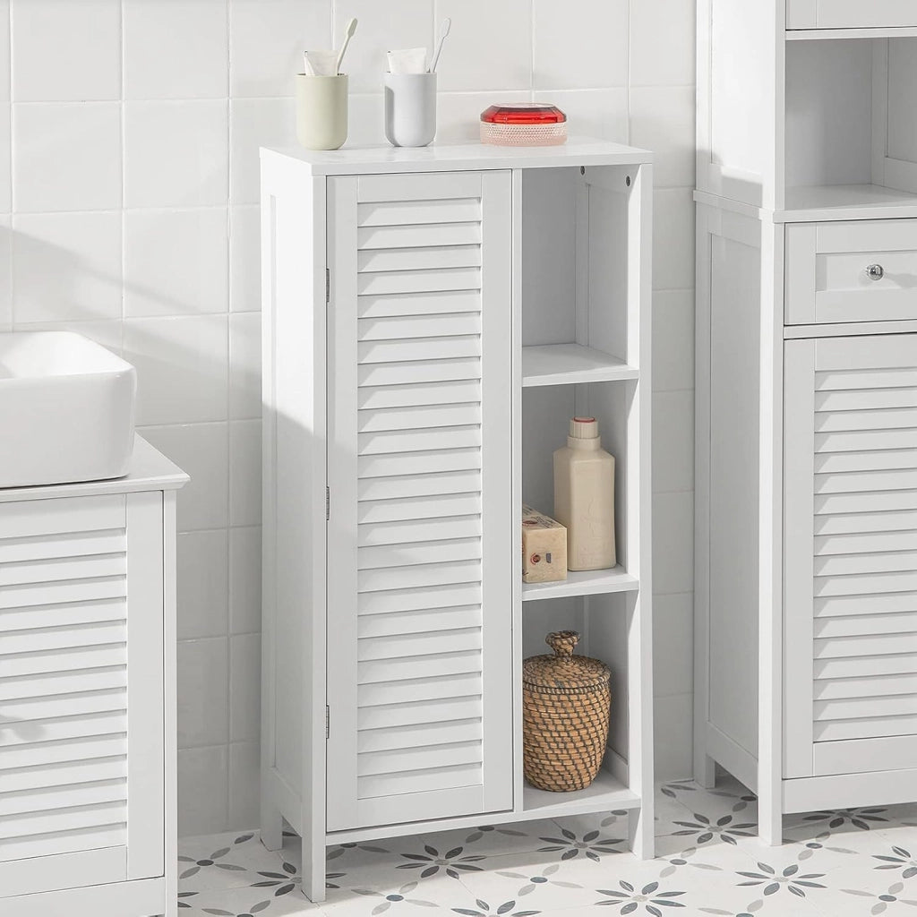 Mobiletto da Bagno – Armadio da Bagno Stretto con Porta Lamellata e 3 Ripiani Aperti, Mobile Salvaspazio, Resistente all'Umidità, Colonna per Cucina e Soggiorno, Bianco, 48x96x24cm, BZR39-W