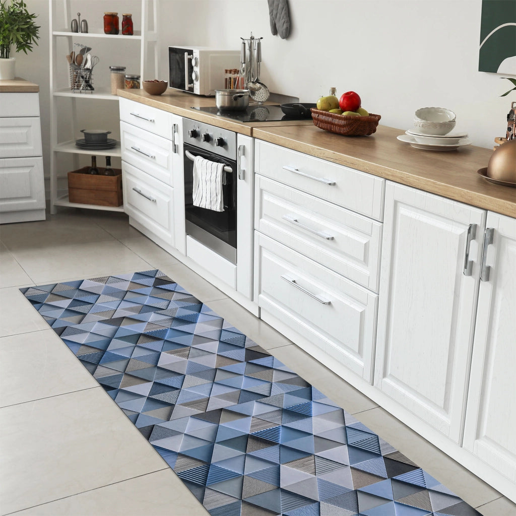 Tappeto passatoia fantasia made in Italy antiscivolo lavabile aderente triangoli multicolore 50x200cm - Triangle Azzurro