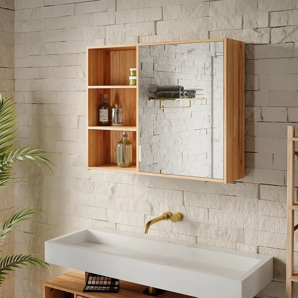 Specchio contenitore bagno Lucie, Bambù, 74 x 60 cm con 3 scomparti aperti, adatto per la conservazione salvaspazio di accessori da bagno