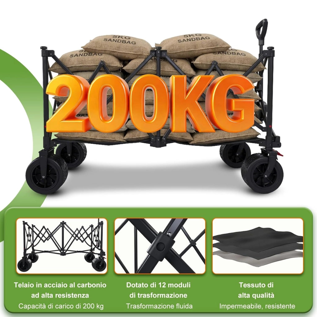 260L carrello spiaggia Massimo 200kg carrello con ruote portatutto grandi,carrellos pieghevole Con Braccioli Regolabili e Tasche Laterali per Giardino Campeggio Ogni Tipo di Terreno, Grigio