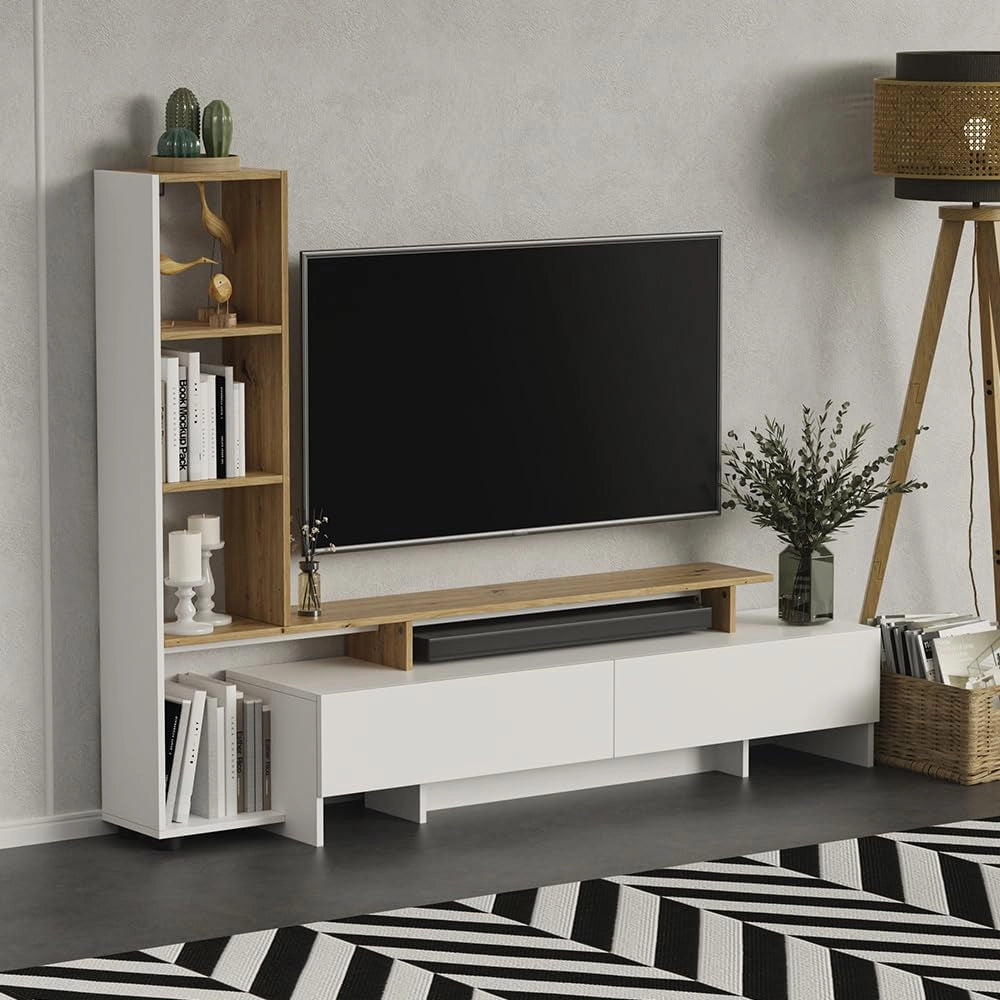 Mobile tv Tavora, Bianco/quercia, 168.2 x 120 cm con 2 cassetti, per l'utilizzo come mobile TV con ripiani aperti