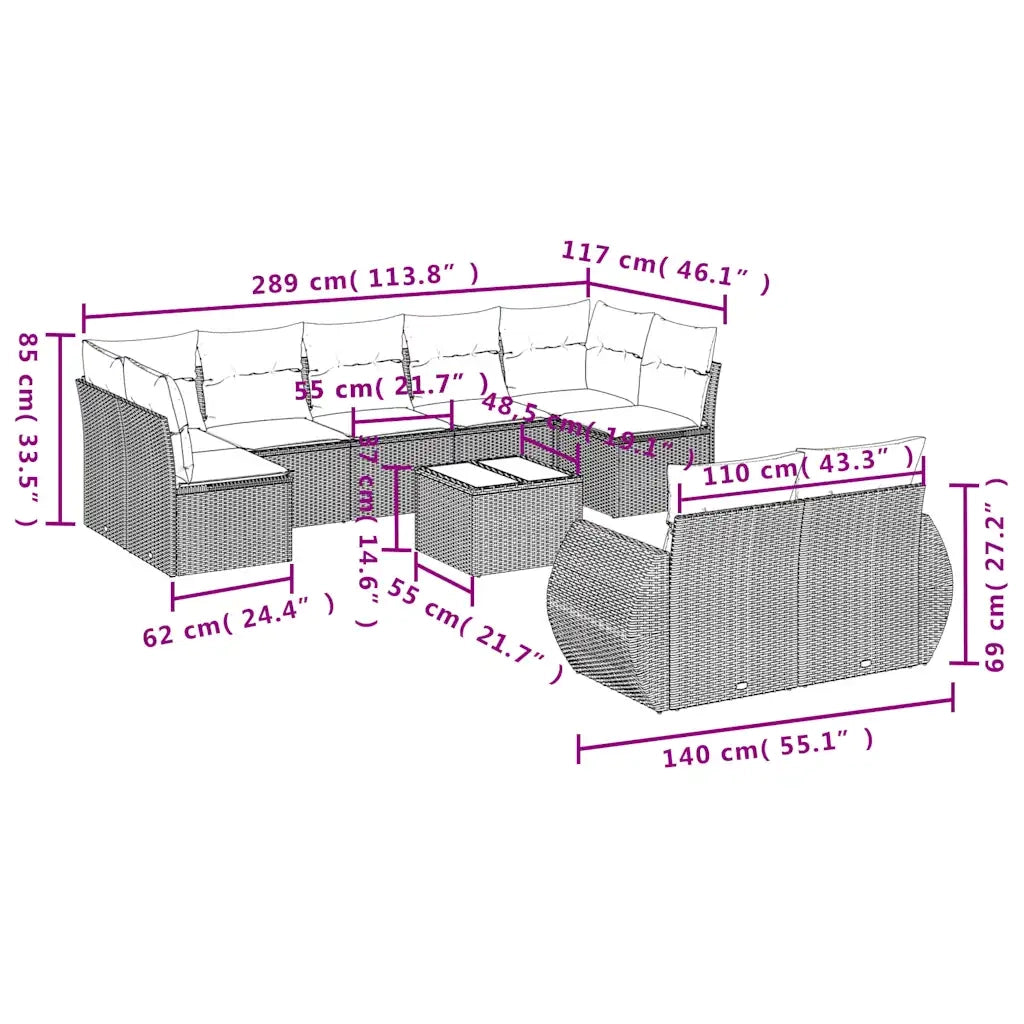 Set Divani da Giardino 10pz con Cuscini in Polyrattan Marrone