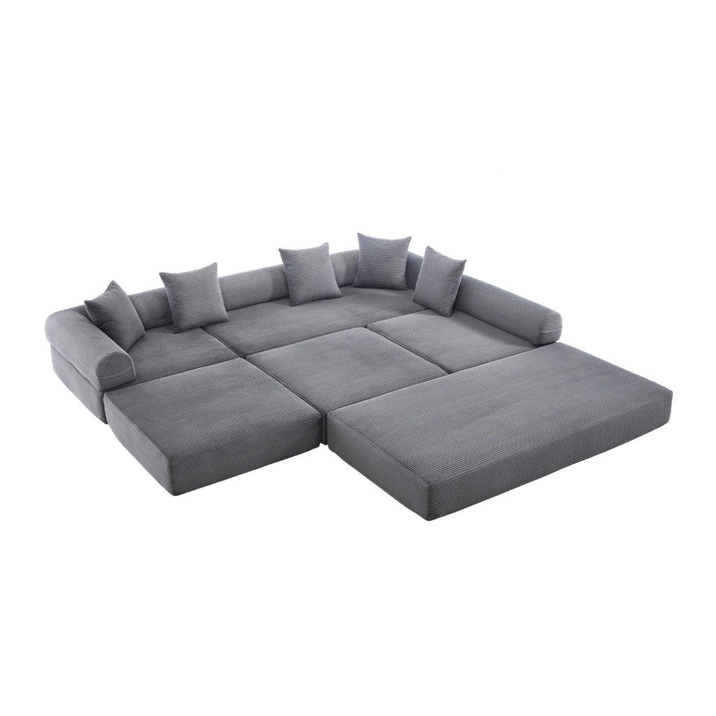 Divano modulare 270x180x64 cm con tasca laterale e funzione letto; corduroy grigio scuro