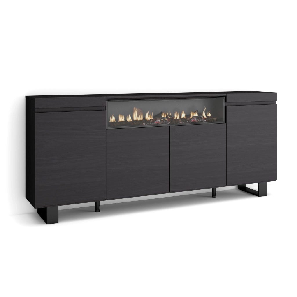 Credenza, Mobile, 200x35x87cm, 4 Porte, Camino elettrico, Design industriale, Nero RF2295