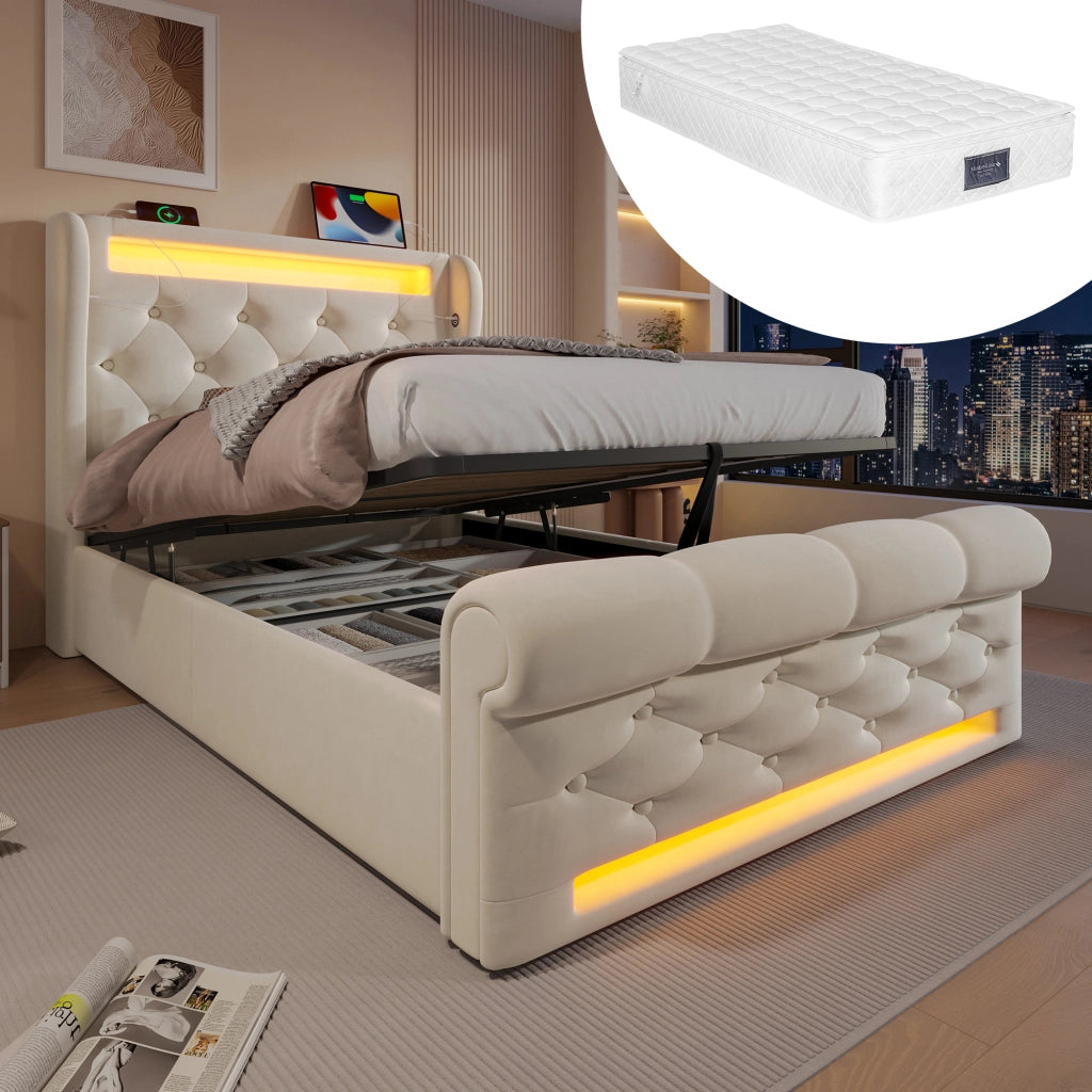 Letto singolo moderno – 90x200 cm – LED USBC contenitore con materasso – velluto beige