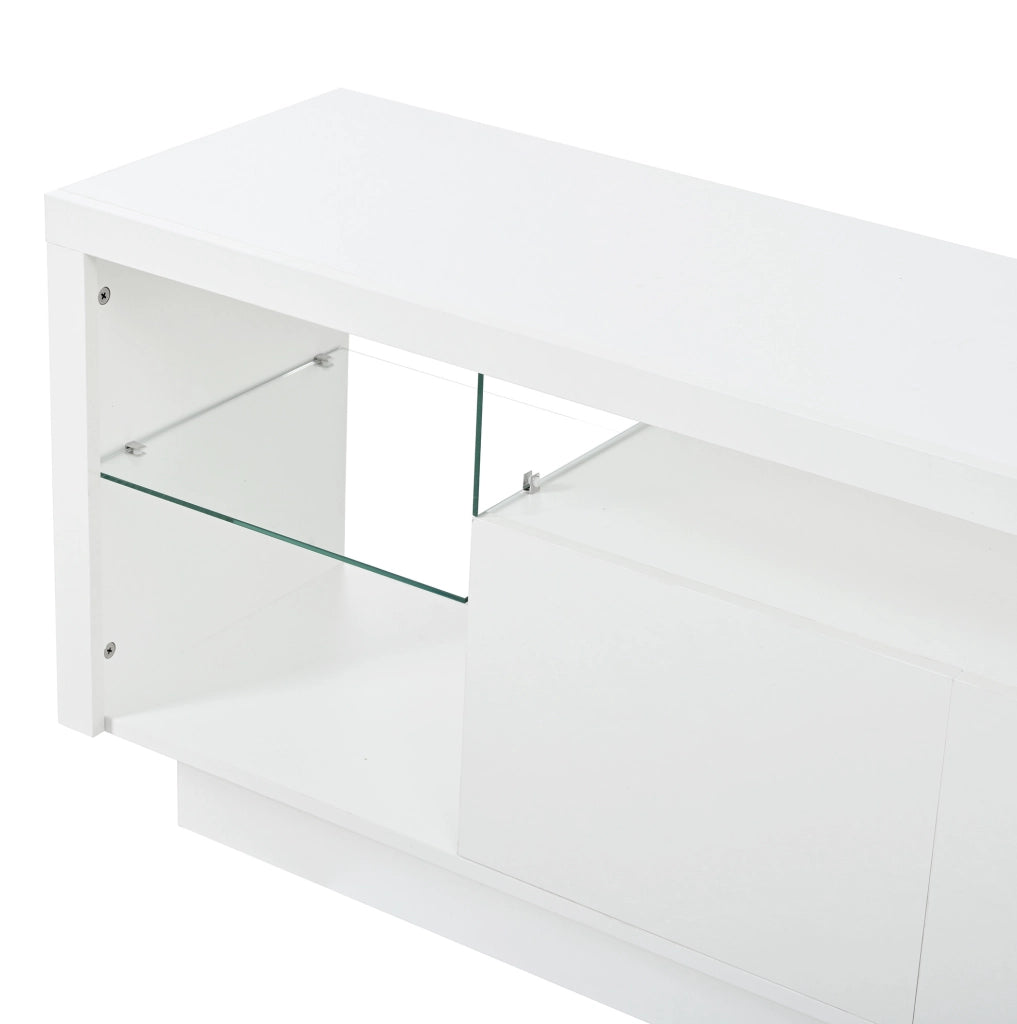 Mobile TV 200x38x55 cm con ante lucide; LED multicolore da app; in truciolare bianco