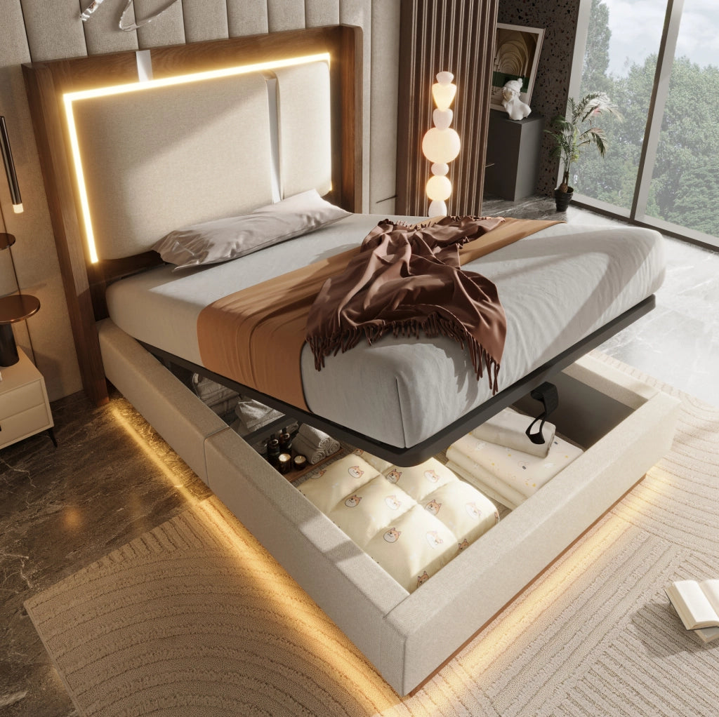 Letto imbottito 90x200 con rete, LED, cassettone idraulico e testiera 60 cm, stile rétro grigio