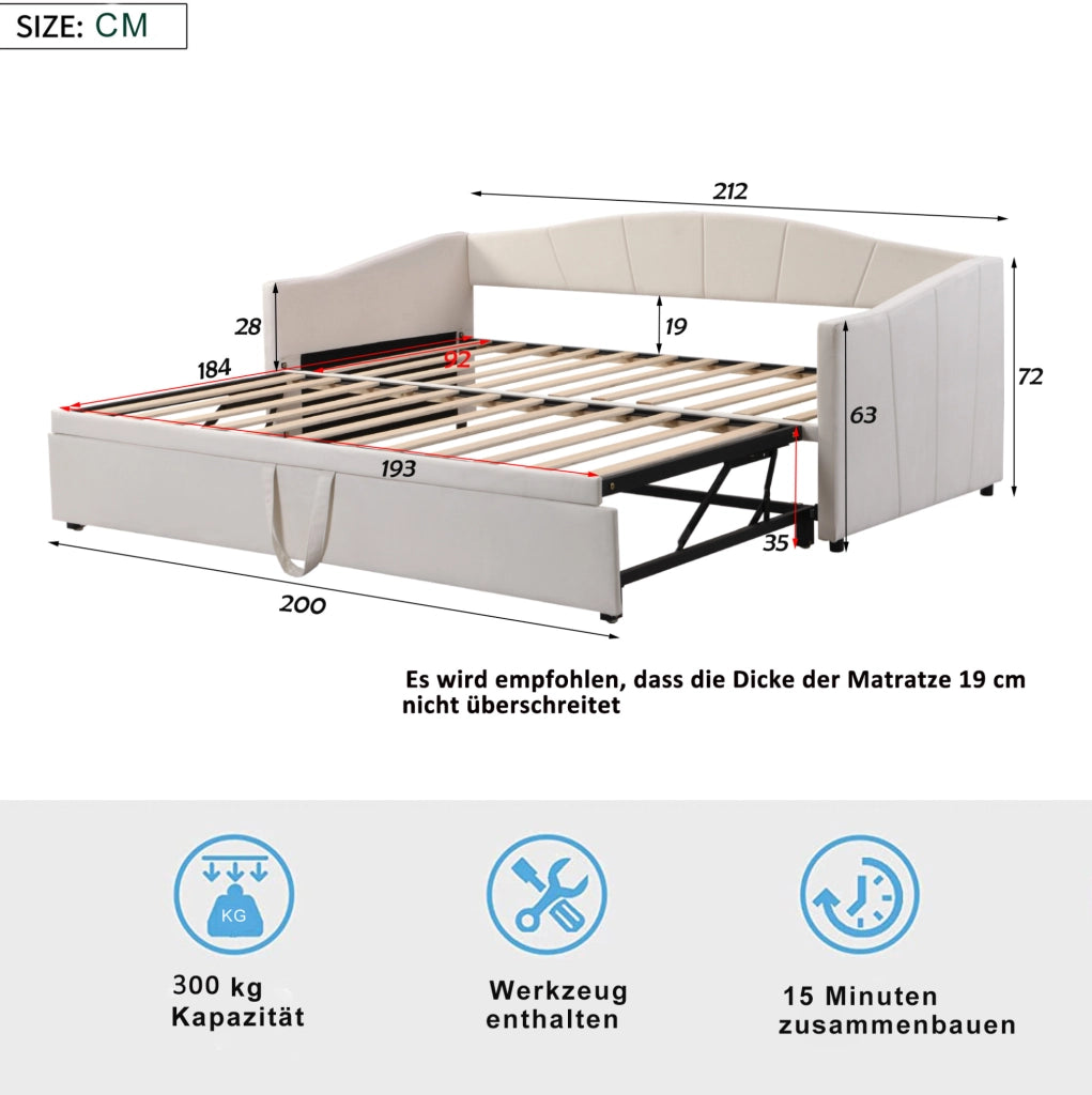 Divano letto 90x200 cm Estraibile; rete in legno; velluto beige; senza materasso