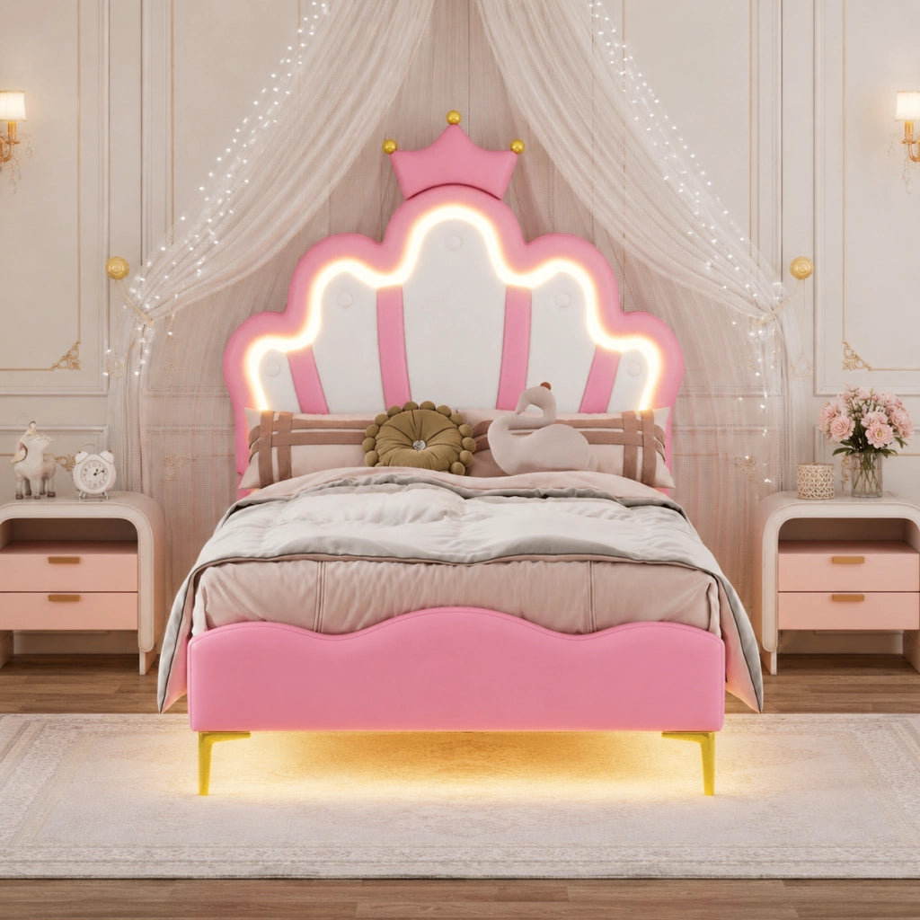 Letto singolo per bambina 90x200 cm ecopelle rosa, testiera a corona con luci LED, illuminazione sotto il letto, gambe dorate, telaio robusto