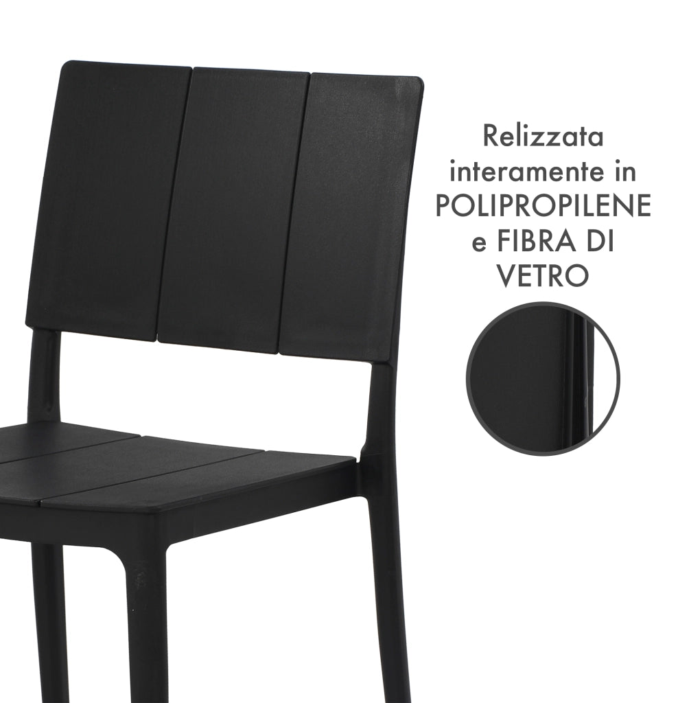 Set 4 Sedie In Polipropilene e Fibra Di Vetro Sedia Cucina Trattamento Uv Antiscolorimento Giardino Interno Esterno Moderne Robuste Resistenti Seduta Terrazzo Soggiorno Bar Ristorante Impilabili Livia-Nero