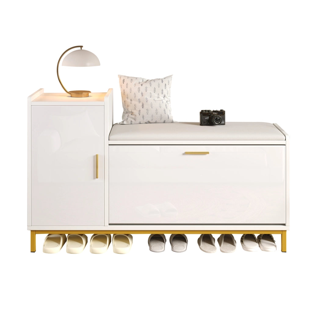 Panca scarpiera 100x38x68 cm con seduta imbottita e ante a ribalta in truciolato e metallo bianco e oro