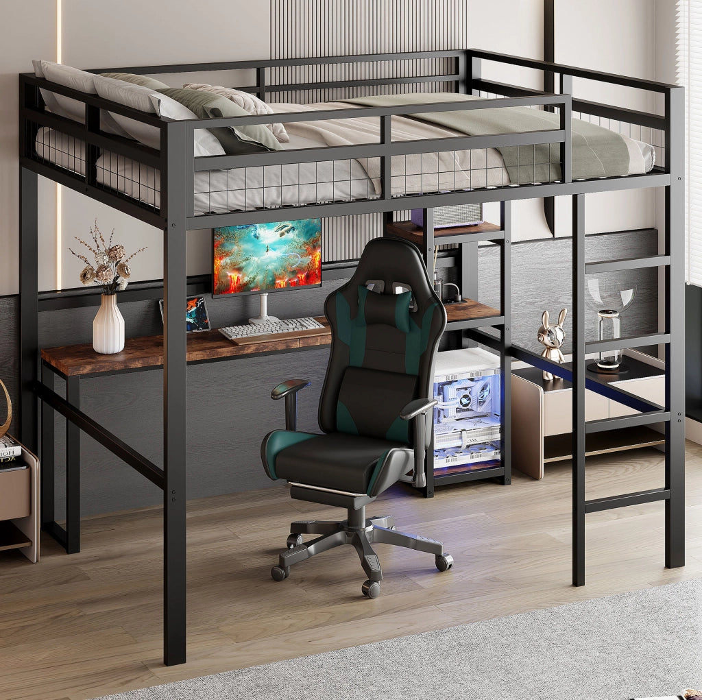 Letto a soppalco 140 x 200 cm in metallo con scrivania, scaffali e prese USB/Type-C