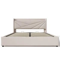 Struttura Letto Matrimoniale in ferro con Contenitore e USB-C, testiera imbottita con spugna morbida,140x200 cm, Beige