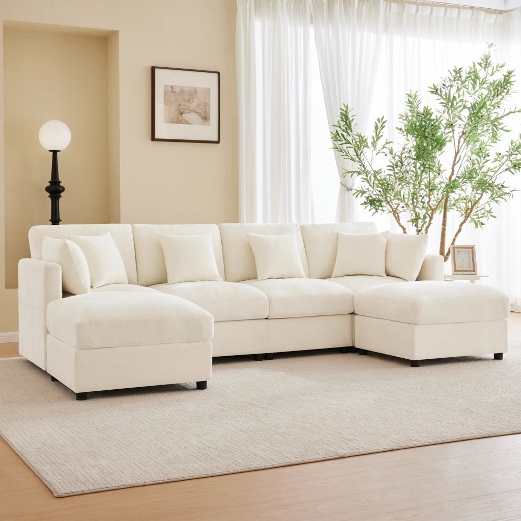 Divano modulare angolare in chenille con braccioli regolabili, pouf e cuscini beige 284 × 156,5 × 86 cm