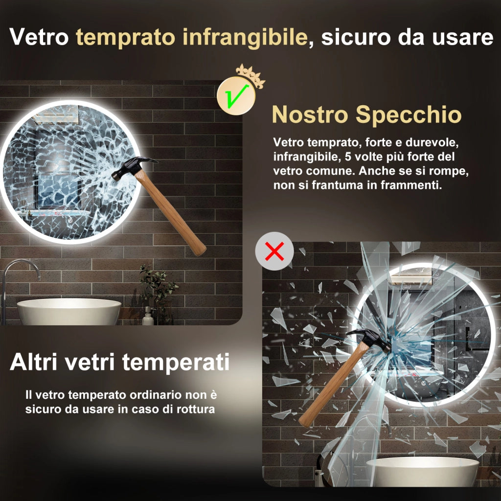 specchio 120 cm rotondo retroilluminato con antiappannamento, funzione dimmerabile e morbido bagliore esterno