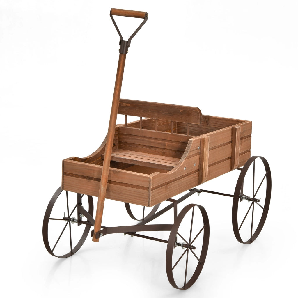 Carrettino di legno fioriera con ruote e 2 sezioni per piante, Porta piante da esterno per giardino Marrone-Fioriere