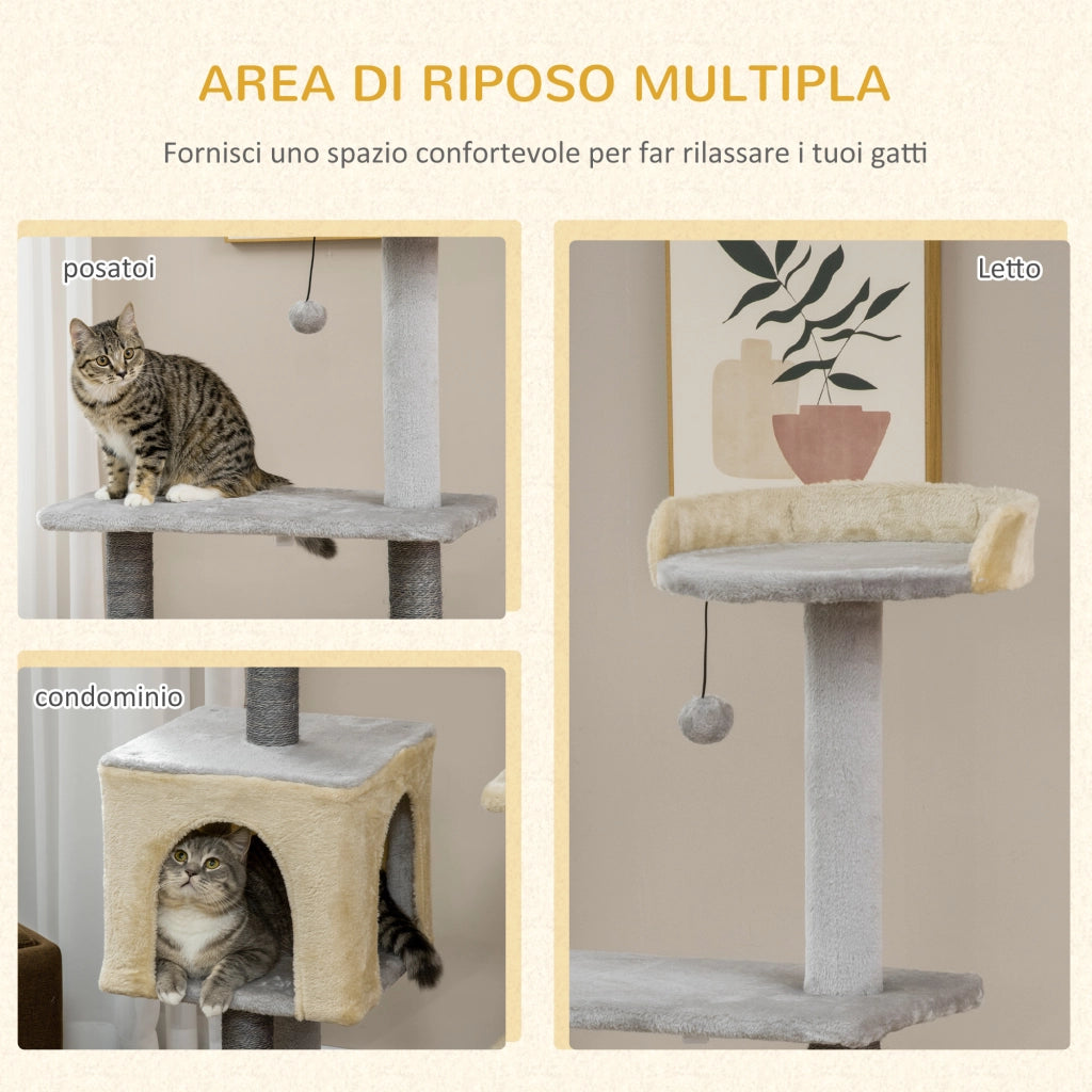 Tiragraffi per Gatti Alto 156cm con Lettino, Casetta e Pali Tiragraffi in Sisal