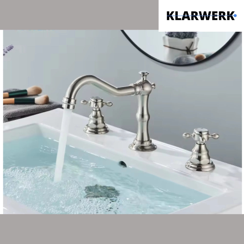 JULIAN | Rubinetto da bagno vintage a 3 fori argento spazzolato | Lavello in acciaio inossidabile retrò premium | Antico miscelatore 2 maniglie