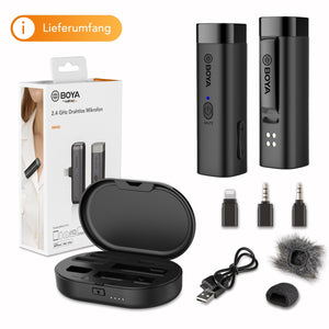 Microfono wireless BOYA WM3D con adattatore Lightning e scatola di custodia e ricarica I Microfono wireless a 2,4 GHz in microfono omnidirezionale I Per fotocamera, PC