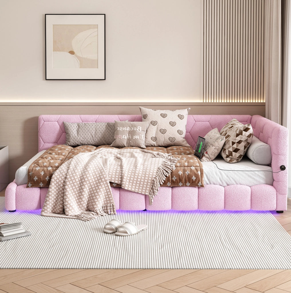 Divano letto singolo con LED regolabile; USB e Type-C; 90 x 200 cm; velluto rosa