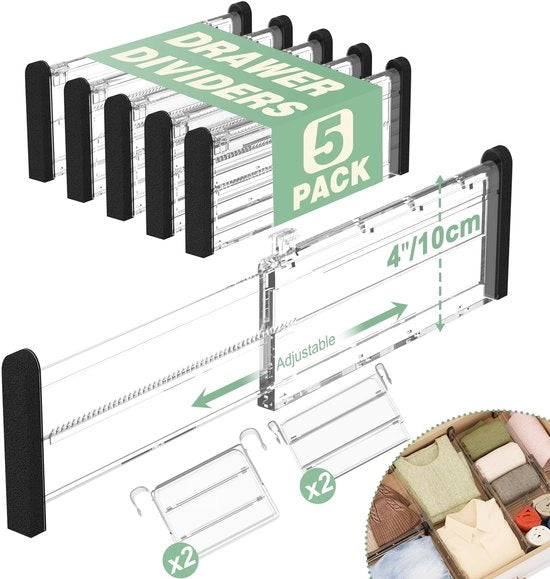 Verdelatori di cassetta adattabili con accessori, 10 cm estensibili organizzatori di cassetta per abbigliamento, 5-pack, 32-58 cm lunghi verdelatori con 9-18 cm accessori per cucina, camera da letto, archiviazione ufficio