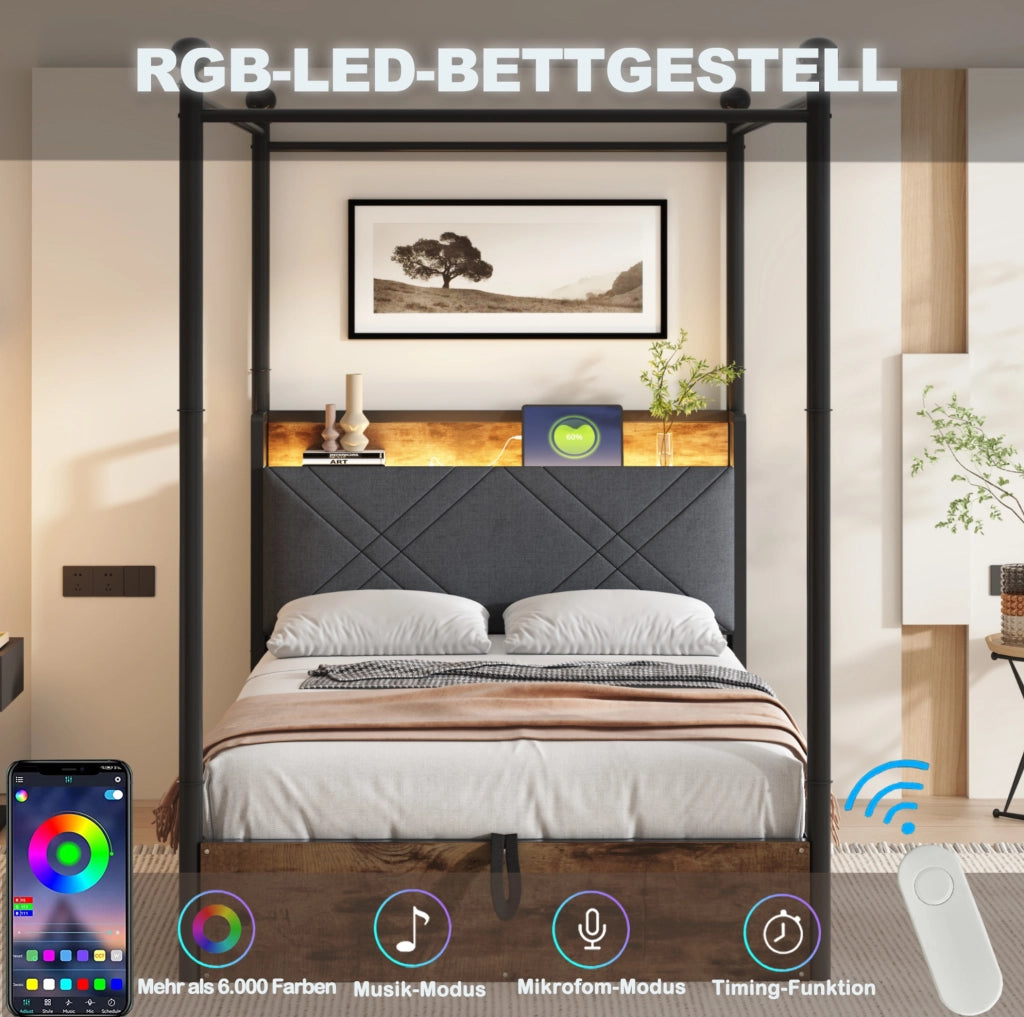 Letto singolo multifunzione 90x190 cm con baldacchino removibile; LED; USB e struttura nera in metallo