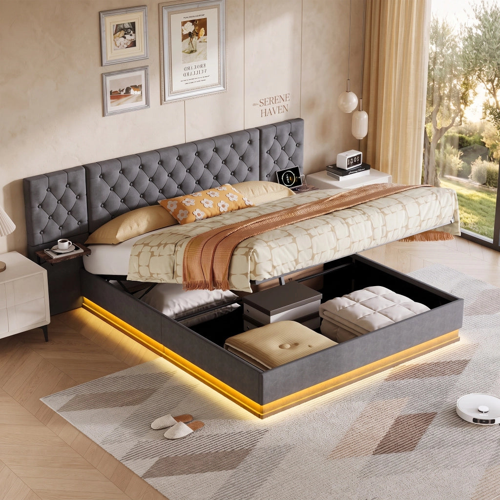 Letto matrimoniale 160x200 cm con contenitore LED USB ricarica wireless testiera con mensole rete a doghe legno metallo lino - beige