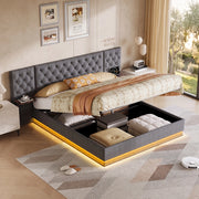 Letto matrimoniale 160x200 cm con contenitore LED USB ricarica wireless testiera con mensole rete a doghe legno metallo lino - beige