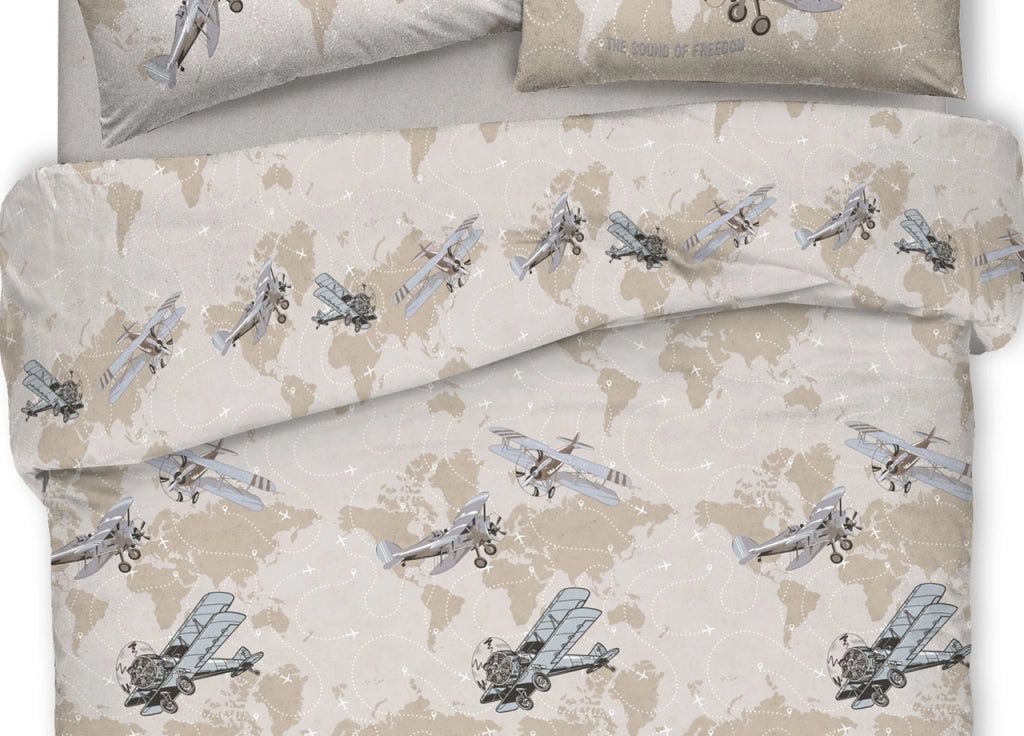 Copripiumino Sacco Piumone Pensieri Delicati Cotone Disegno Aerei - Matrimoniale - Beige